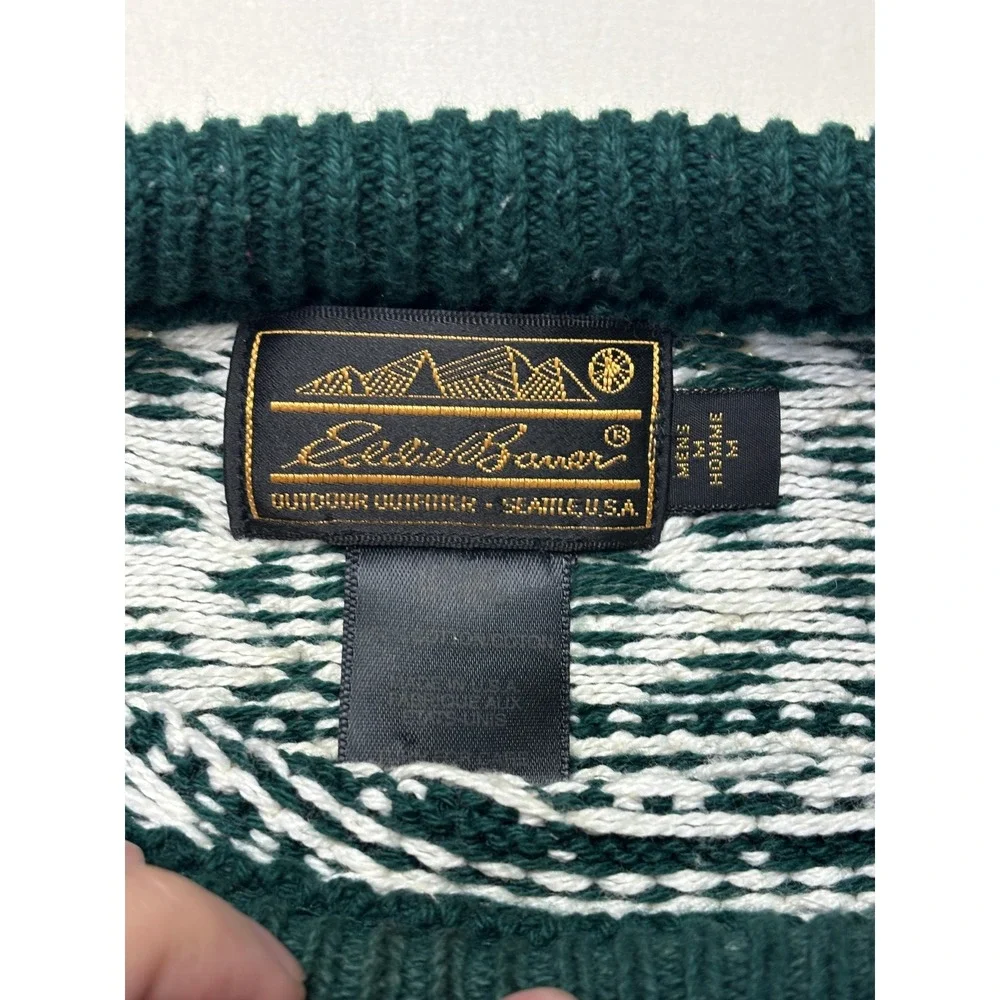 Vtg 90s Eddie‎ Bauer Mens Sweater Fair Geometric Pattern Green White Size M USA - Picture 2 of 7